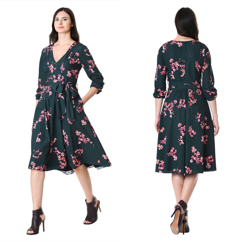 Eshakti Forest Green And Pink Floral Midi Dress Size 6